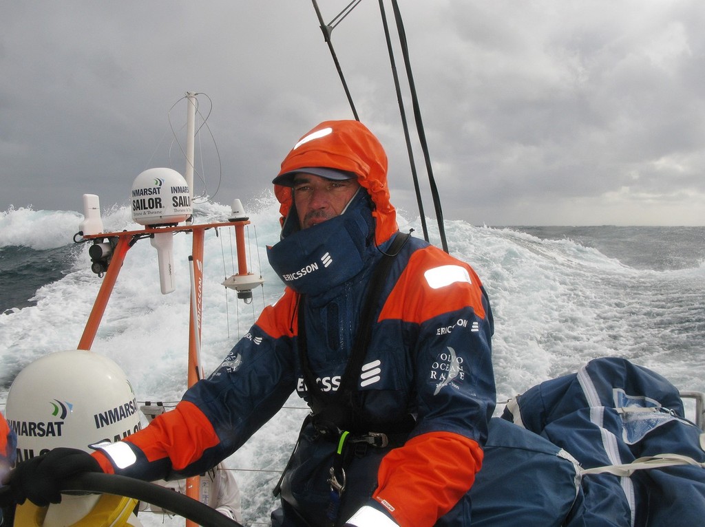 Stuart Bannatyne helming in rough weather in the North Atlantic, onboard Ericsson 4, on leg 7 from Boston to Galway 2008-09 Volvo Ocean Race<br />
<br />
 © Volvo Ocean Race http://www.volvooceanrace.com