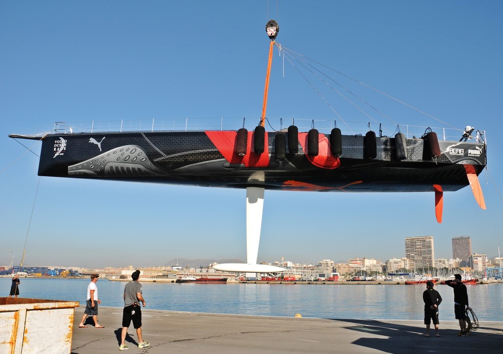 il mostro is craned back into the water in Alicante, Spain.<br />
 © Volvo Ocean Race http://www.volvooceanrace.com