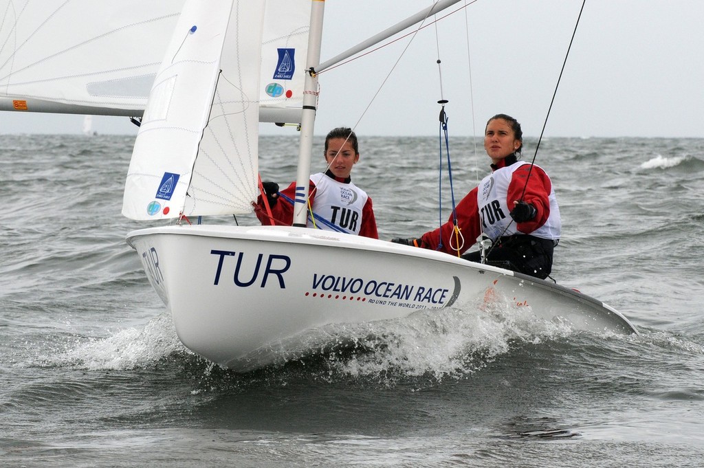 Ipeknaz Ozden and Deniz Gokmeral from Turkey competing in the 420 Girls class on training day of the Volvo Youth Sailing ISAF World Championships 2010, in Istanbul, Turkey ©  David Kneale/Volvo Ocean Race http://www.volvooceanrace.com/