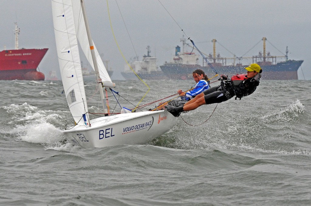 Margot Cleeren and Emilia De Hertog from Belgium competing in the 420 Girls class on the training day of the Volvo Youth Sailing ISAF World Championships 2010, in Istanbul, Turkey ©  David Kneale/Volvo Ocean Race http://www.volvooceanrace.com/