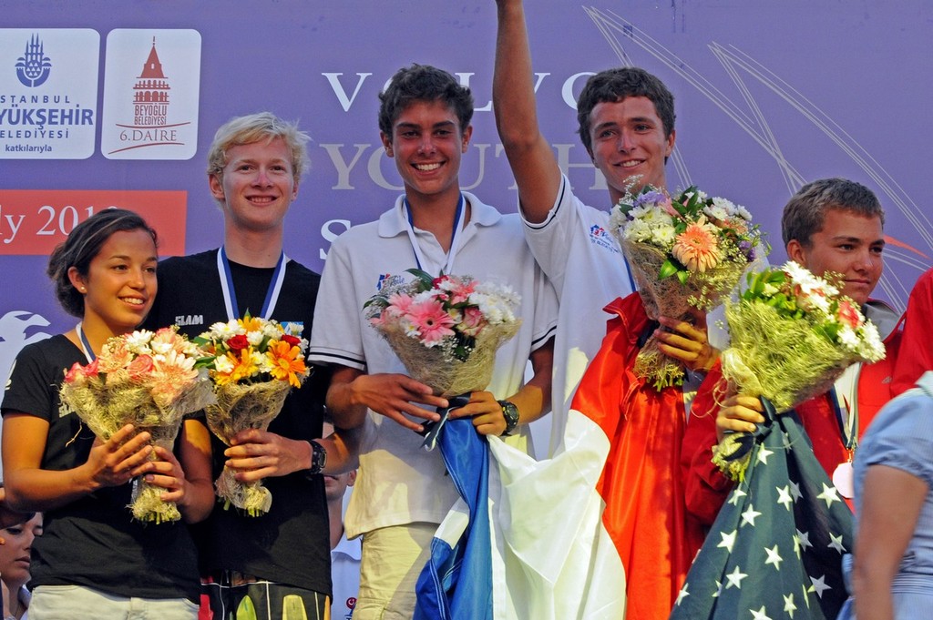 (l-r) 29er medalists Alex Maloney and Sam Bullock from New Zealand (silver), Gael Jaffrezic and Julien Bloyet from France (gold), Antoine Screve and James Moody from USA (bronze) in the Volvo Youth Sailing ISAF World Championships 2010, in Istanbul, Turkey ©  David Kneale/Volvo Ocean Race http://www.volvooceanrace.com/