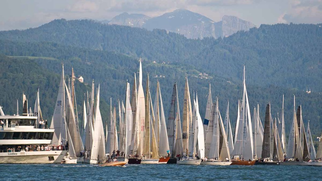 RUNDUM 2010 June 6 Regatta starting in Lindau lake Constance, race course around the lake and back to Lindau, winner 2010 is the multihull M2 from Stefan Stäheli © Juerg Kaufmann go4image.com http://www.go4image.com