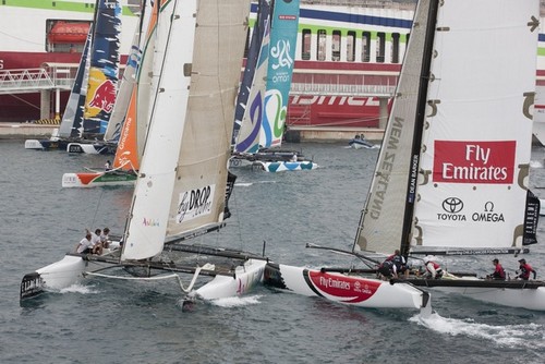 Local boat, Rumbo Almeria takes a knock from newcomers to the Extreme Sailing Series™, Emirates Team New Zealand, skippered by Dean Barker, on day 1 in Almeria. © Lloyd Images http://lloydimagesgallery.photoshelter.com/