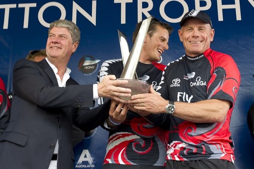 Emirates Team New Zealand Dean Barker and Grant Dalton receive the Louis Vuitton Trophy from LV CEO Yves Carcelle. 21/3/2010 - was this the starting point for the Volvo entry. © Chris Cameron/ETNZ http://www.chriscameron.co.nz