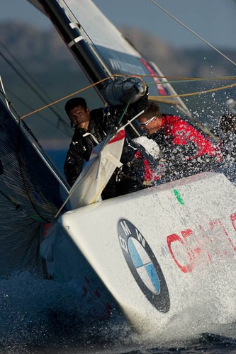 Emirates Team New Zealand leads Team Origin (GBR) at the final top mark rounding. Louis Vuitton Trophy. La Maddalena, Sardinia, Italy. 24/5/2010 &copy; Chris Cameron/ETNZ http://www.chriscameron.co.nz