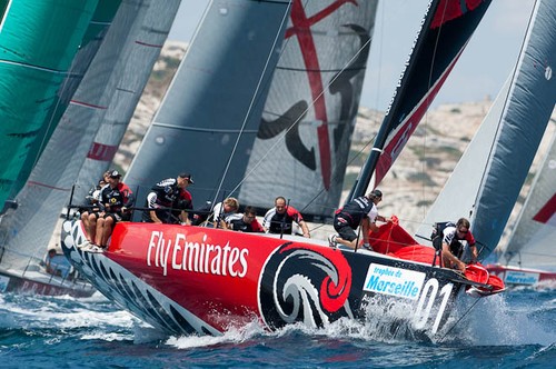 Emirates Team New Zealand, powered by North Sails power around the top mark during unofficial practice for the Audi MedCup Marseille Regatta. Marseille, France. The New Zealanders are defending champions in the event. &copy; Chris Cameron/ETNZ http://www.chriscameron.co.nz