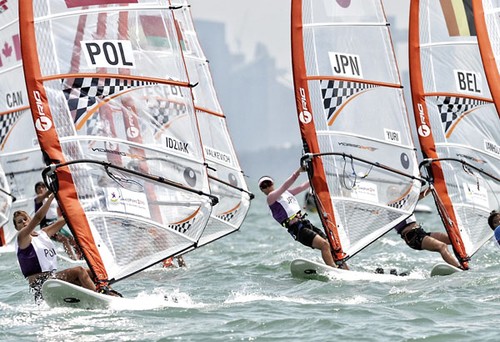 Competitor sails off at the start of the Techno 293- girls’ windsurfer at the Singapore 2010 Youth Olympic Games (YOG) held at the National Sailing Centre, Aug 23, 2010. Photo: SPH-SYOGOC/Imran Ahmad © ISAF 