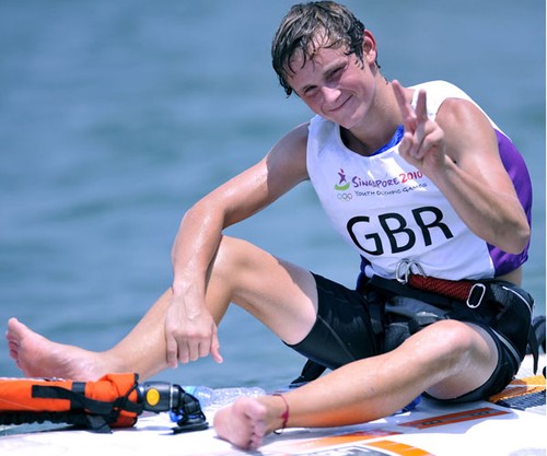 Kieran Martin of Great Britain relaxs on the water in the Techno 293 - Boys Windsurfer at the Singapore 2010 Youth Olympic Games (YOG) on Aug 17, 2010 at the National Sailing Center. Photo: SPH-SYOGOC/Imran Ahmad © ISAF 