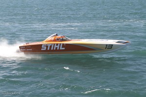 Super Cat entry Stihl, Rob Noble (throttles) and Grant Bruggeman (driver) aboard, comes into Key West in solid form. photo copyright Rodrick Cox taken at  and featuring the  class