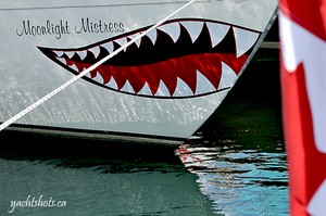  New graphics on the bow of Moonlight Mistress July 16, 2010. The classic Hughes 38 is competitor in this year’s Lake Ontario 300. SAIL-WORLD.com/Jeff Chalmers (PORT CREDIT, Ont) - Lake Ontario 300 -  Jeff Chalmers photo copyright Jeff Chalmers taken at  and featuring the  class