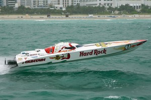 Hard Rock found it hard going off Miami, even for a monohull, in the shortened Miami Grand Prix. - Miami offshore cut short photo copyright Super Boat International taken at  and featuring the  class
