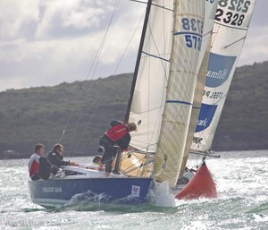 Yosemite Sam rounds the top mark first. Day 1. 2010 Nationals. - 2010 North Sails Pied Piper National Championships photo copyright Cathy Vercoe taken at  and featuring the  class