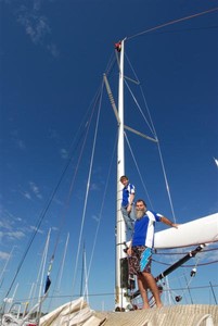 Josh McCall (up mast), Bronson McCall (on boom) and Tim McCall - Club Marine Brisbane to Keppel Tropical Yacht Race photo copyright Suellen Hurling taken at  and featuring the  class