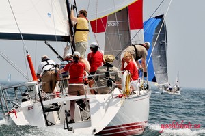 Downwind and heading east toward Toronto from Port Credit at the start of the Lake Ontario 300 July 17, 2010. SAIL-WORLD.com/Jeff Chalmers (PORT CREDIT, Ont) - Lake Ontario 300 - Jeff Chalmers    - 2010 Lake Ontario 300 photo copyright Jeff Chalmers taken at  and featuring the  class