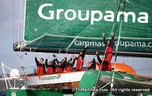 10_06980  ©ThMartinez/Sea&Co. BREST - FRANCE,  21 March 2010. Maxi trimaran ``GROUPAMA 3``, Skipper Franck Cammas (FRA) and crew of 9, arriving in Brest after setting a new Round the World sailing record in 48 days, 7 hours, 44 min and 52 seconds. photo copyright ThMartinez / Sea & Co - Copyright http://www.thmartinez.com taken at  and featuring the  class