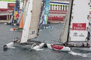 Local boat, Rumbo Almeria takes a knock from newcomers to the Extreme Sailing Series™, Emirates Team New Zealand, skippered by Dean Barker, on day 1 in Almeria. photo copyright Lloyd Images http://lloydimagesgallery.photoshelter.com/ taken at  and featuring the  class