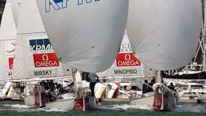 Torvar Mirsky gets one over Adam Minoprio. RR1. Omega Auckland Match Race Regatta. 4/3/2010 photo copyright Chris Cameron/ETNZ http://www.chriscameron.co.nz taken at  and featuring the  class