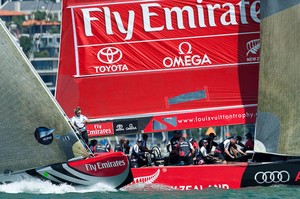 Emirates Team New Zealand race Mascalzone Latino (ITA) on day two of the Louis Vuitton Trophy 2010. Auckland, New Zealand. photo copyright Chris Cameron/ETNZ http://www.chriscameron.co.nz taken at  and featuring the  class