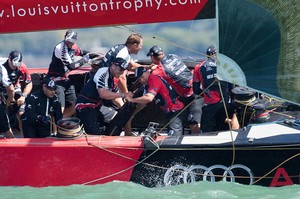 Emirates Team New Zealand race Mascalzone Latino (ITA) on day two of the Louis Vuitton Trophy 2010. Auckland, New Zealand. photo copyright Chris Cameron/ETNZ http://www.chriscameron.co.nz taken at  and featuring the  class