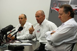 Emirates Team New Zealand&rsquo;s Grant dalton makes a point while announcing the participation in the 2011-12 Volvo Ocean Race. Kevin Shoebridge (left), and long time mentor and European connection, Matteo de Nora (right). photo copyright Emirates Team New Zealand / Photo Chris Cameron ETNZ  taken at  and featuring the  class