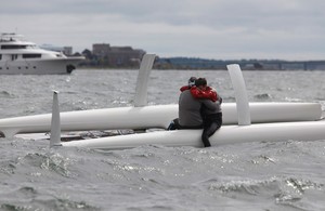 A picture worth thousands of words. Aethon drops her rig in a capsize two minutes after the start. 18 months of work gone. photo copyright Christophe Launay taken at  and featuring the  class