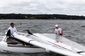 Orion, sailed by a Canadian team of Dan Cunningham and Rob Paterson, broke a chainplate and dropped her wing. photo copyright Christophe Launay taken at  and featuring the  class