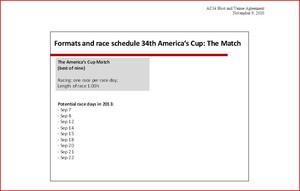 Race Schedule - 34th Match America&rsquo;s Cup, San Francisco photo copyright SW taken at  and featuring the  class