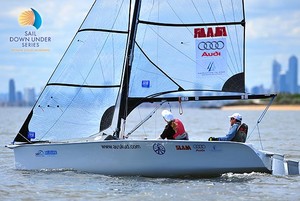 Fitzgibbon and Cox racing in the Skud 18 at Sail Melbourne photo copyright Jeff Crow/ Sport the Library http://www.sportlibrary.com.au taken at  and featuring the  class