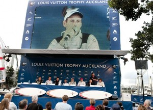Francesco Bruni, skipper of ITA AZZURRA, on the big screen during the press conference - Louis Vuitton Trophy Auckland photo copyright Paul Todd/Outside Images http://www.outsideimages.com taken at  and featuring the  class