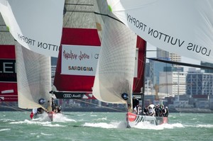 Louis Vuitton Trophy Auckland, New Zealand, March 2010. Race day 3. FRA ALEPH SAILING TEAM vs ITA MASCALZONE LATINO AUDI TEAM. MASCALZONE in the lead photo copyright Paul Todd/Outside Images http://www.outsideimages.com taken at  and featuring the  class