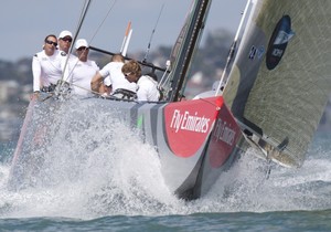 New Zealander Gavin Brady at the helm of Mascalzone - Louis Vuitton Trophy Auckland photo copyright Bob Greiser/ Outsideimages.co.nz/LouisVuitton Trophy http://www.outsideimages.co.nz taken at  and featuring the  class