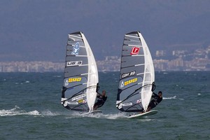 Ross Williams and Kevin Pritchard tune up - 2010 Catalunya – Costa Brava (Spain) PWA Slalom World Cup photo copyright  John Carter / PWA http://www.pwaworldtour.com taken at  and featuring the  class