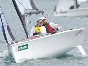 Rachael Cox and Daniel Fitzgibbon (AUS) in action before finishing in 1st overall in the Skud-18 class on day 5 of the Skandia Sail for Gold Regatta. photo copyright onEdition http://www.onEdition.com taken at  and featuring the  class