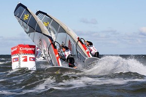 Van Der steen holds of Buzianis - PWA Colgate World Cup Sylt 2010 photo copyright  John Carter / PWA http://www.pwaworldtour.com taken at  and featuring the  class