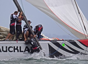 It was more action on the race course today as ALEPH had a good start and took the lead from Emirates Team New Zealand. ETNZ drops the spinnaker pole with the bowman attached which made for some exciting moments. Louis Vuitton Trophy, Auckland - New Zealand. photo copyright Bob Greiser/ Outsideimages.co.nz/LouisVuitton Trophy http://www.outsideimages.co.nz taken at  and featuring the  class