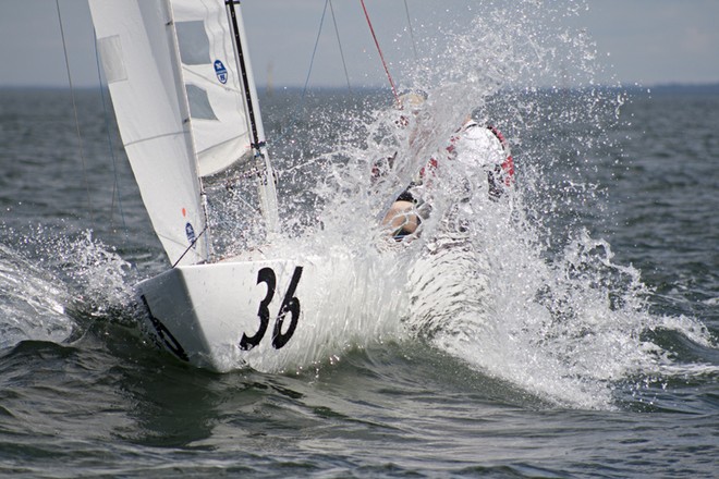 Mid Gybe Crisis bursts through a wave. - 2011 Etchells Victorian State Championships ©  Alex McKinnon Photography http://www.alexmckinnonphotography.com