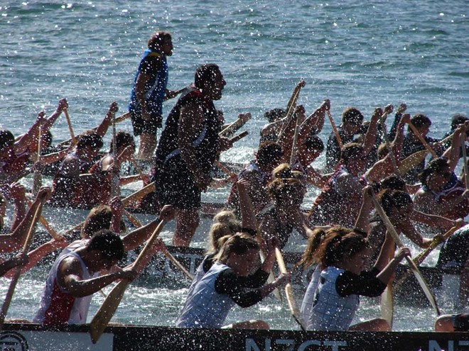 Racers in the school team heats of the NZCT Dragon Boat Festival in Wellington harbour waterfront on Sunday. The festival, held over the weekend, is now in its 26th year and featured 80 teams from across the country. - NZCT Dragon Boat Festival, Wellington © Genevieve Howard