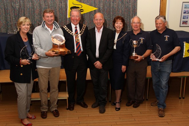 left to right - Sarah and Mike Wallis (winners of the Founder’s Salver on Jahmali), The Mayor of Fareham Cllr Trevor Cartwright, Mike Golding, The Mayoress of Fareham Mrs Ruth Cartwright, John Barratt and Paul Woodward (winners of the Commodore’s Cup on Stiletto) - Warsash Spring Series and Spring Championship 2011 © Eddie Mays/ Warsash 2011