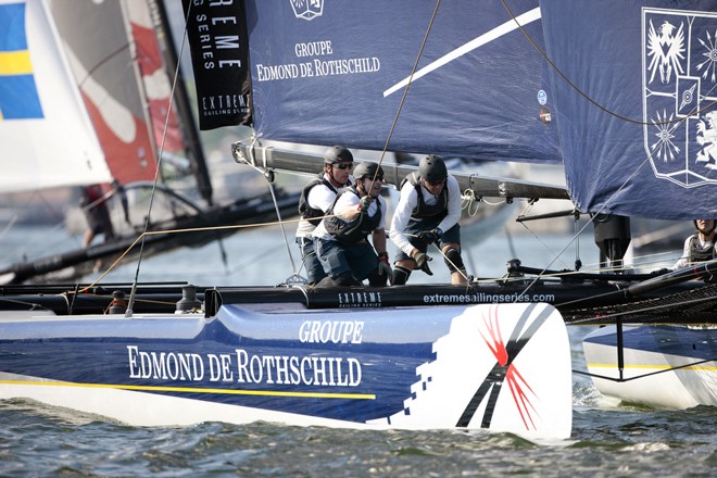Groupe Edmond De Rothschild skippered by Pierre Pennec with teammates Christophe Espagnon,Thierry Fouchier and Herve Cunningham<br />
 - Extreme Sailing Series Act 3 Istanbul &copy; Lloyd Images http://lloydimagesgallery.photoshelter.com/