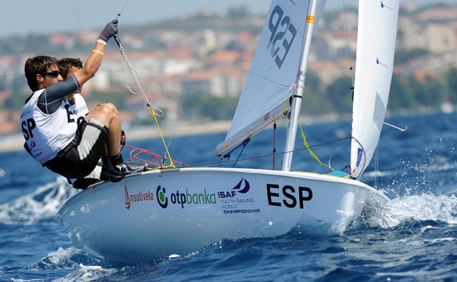 Jordi Xammar (ESP) defends his Boys 420 title with new crew Alex Claville. ISAF Youth Worlds 2011 &copy; Sime Sokota/ISAF Youth Worlds