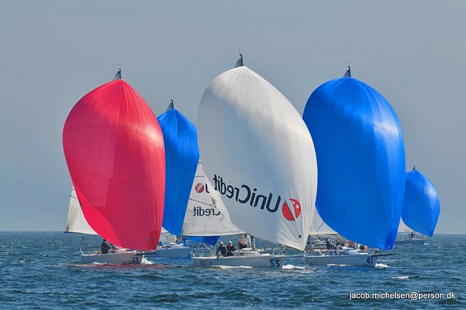 J/80 fleet at World Championships in Copenhagen, Denmark- sailing downwind - J/80 World Championship © Peter Sogaard