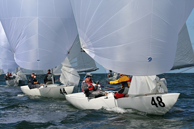 Ian Johnson’s, Bananas in Pyjamas, in front of Jake Gunther’s, The Boat. - 2011 Victorian Etchells Championships ©  Alex McKinnon Photography http://www.alexmckinnonphotography.com