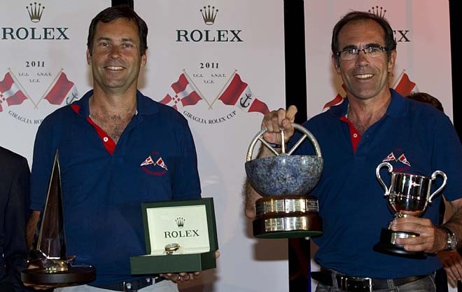 Dominique Heyraud, Owner of Foxy Lady and co-skipper Michel Heyraud, overall winners, receive a Rolex timepiece - Giraglia Rolex Cup 2011  <br />
 ©  Rolex / Carlo Borlenghi http://www.carloborlenghi.net