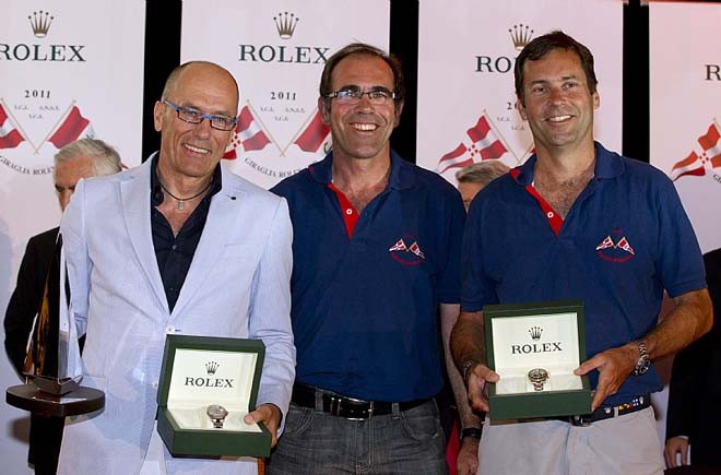 Igor Simcic, owner of ESIMIT EUROPA 2, Michel Heyraud and Dominique Heyraud owners of FOXY LADY, winners of the 2011 Giraglia Rolex Cup ©  Rolex / Carlo Borlenghi http://www.carloborlenghi.net