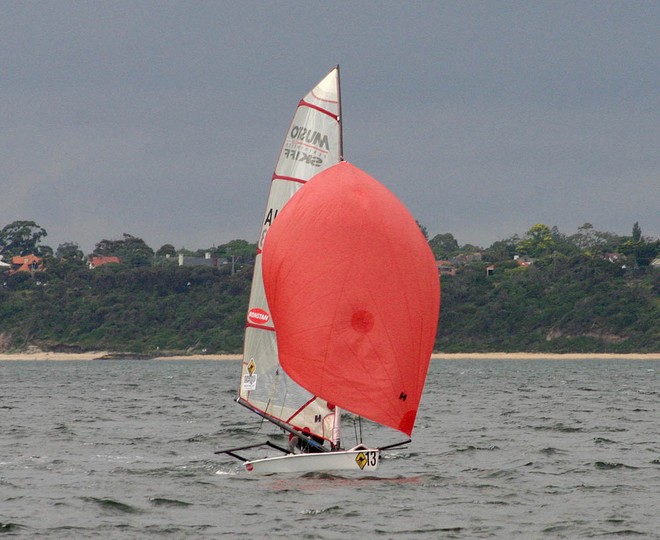 Marcus Hamilton from Australia goes out to the start line under kite. - Musto Performance Skiffs Worlds ©  John Curnow