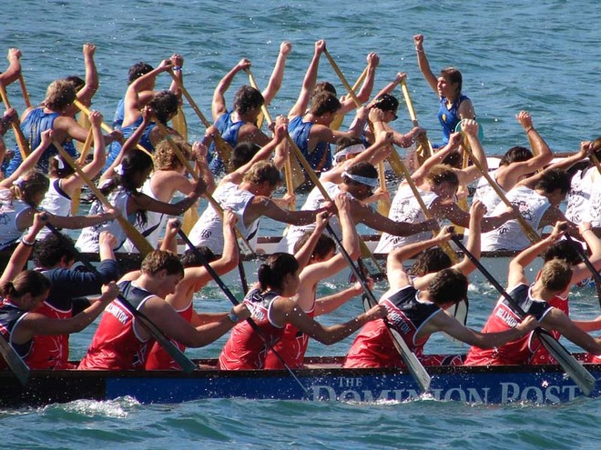 Racers in the school team heats of the NZCT Dragon Boat Festival in Wellington harbour waterfront on Sunday. - NZCT Dragon Boat Festival, Wellington © Genevieve Howard