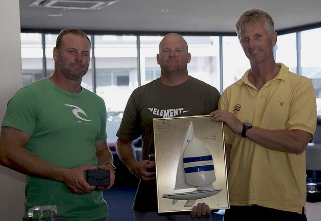 Jack's Hut - victorious crew - Noel Drennan on the right, with Peter Merrington and Ben Morrison-Jack - 2011 Victorian Etchells Championships © Nick McGuigan