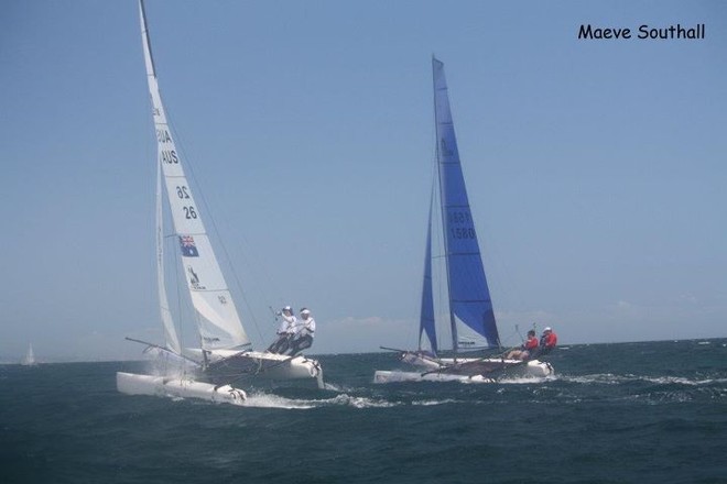 Nacra F18, Mick Guinea looks behind with Dale Mitchell to windward - 33rd Nacra Catamaran Nationals © Maeve Southall
