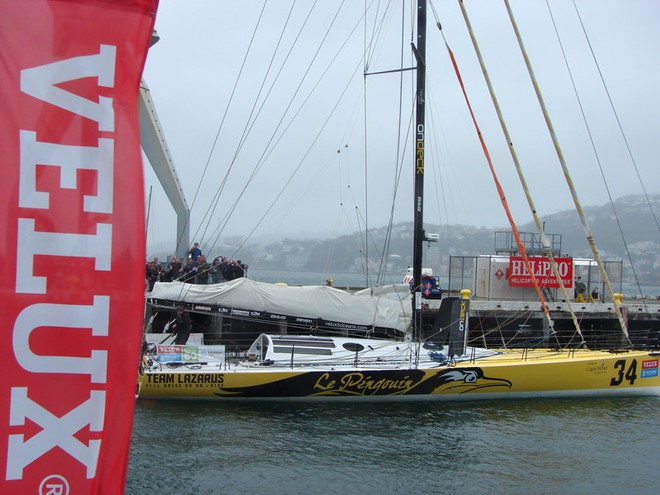 Brad Van Liew, sailing Le Pingouin, leaves Queens Wharf for the start of the Ocean Sprint 3 in Wellington on Sunday. - Velux 5 Oceans © Genevieve Howard