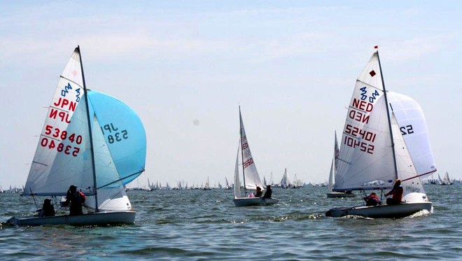 Cecile Janmaat & Tessa Alberts (NED) and Kiara Tsunoda & Ayano Furuya (JPN) take to the Ijsselmeer at  - Dutch 420 National Championship 2011 © Evert Jan van Garderen